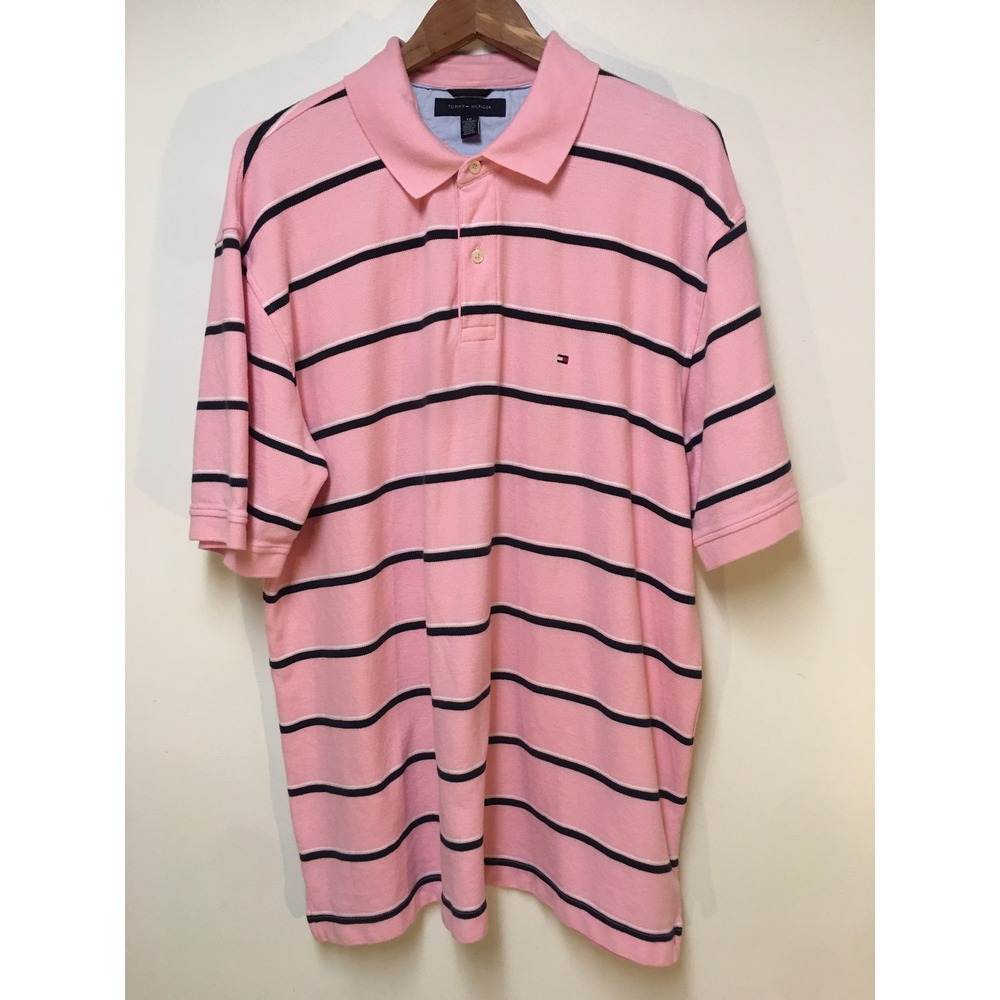 Tommy Hilfiger Polo Shirt Mens XXL Pink Navy‎ Blue Striped Short Sleeve Pique